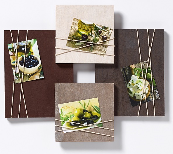 Cornice da parete in legno per 4 foto f.to 10×15 con applicazioni
